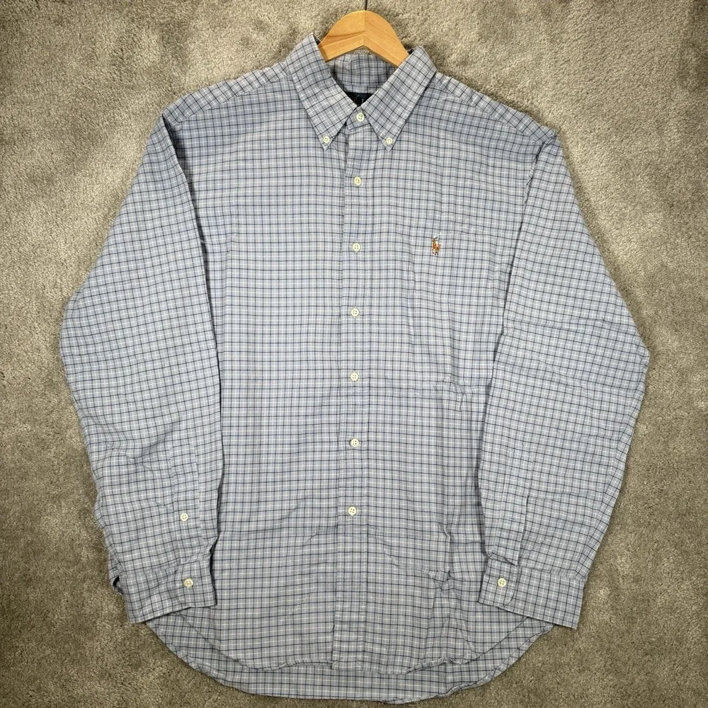 Vintage Polo Ralph Lauren Shirt Mens XL Light Blue Plaid Long Sleeve Logo 90s